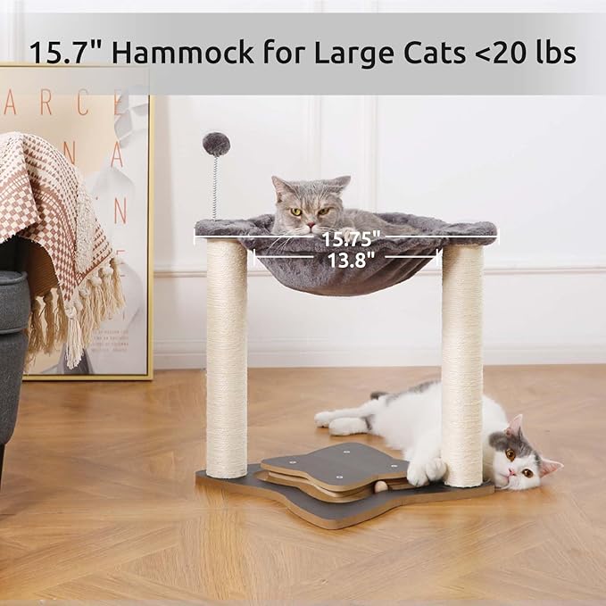 Simple Deluxe Small Cat Tree Tower with Scratching Post, 4-in -1Cat Tree with Hammock,Dangling Ball,Natural Sisal Cat Scratcher,Wooden Interactive Track Ball Base for Indoor Kittens,18inches
