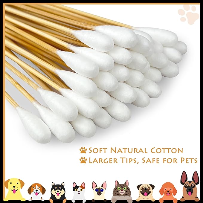 eyxformula 6 Inch Long Cotton Swabs for Pet Cleaning, Bamboo Handle, Pet Ear Cleaning Solution Supplies for Dogs and Cats (200 pcs Large Cotton swabs)