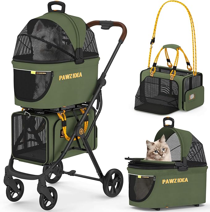 PAWZIDEA Double Pet Stroller with 2 Detachable Carriers, Portable Dog Crate for Car Travel & TSA-Approved Expandable Cat Carrier, Foldable Lightweight Jogger Stroller for 2–4 Cats or Small/Medium Dogs