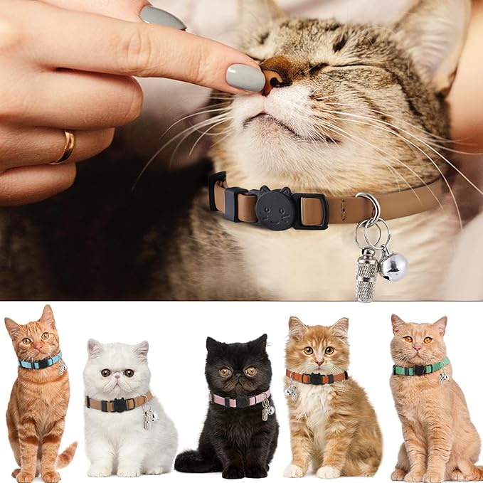 Upgrade Breakaway Cat Collar with Bells, Soft Leather Kitten Collars with Name Tag,Safety Adjustable Buckle,Lightweight,Ideal for Girl Boy Cats,Pink+Orange