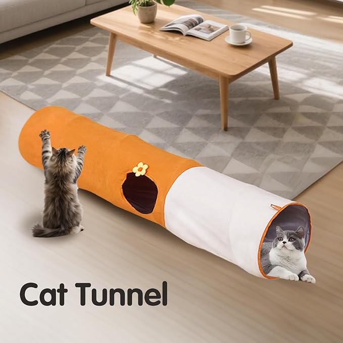 Cat Tunnels for Indoor Cats,Collapsible Crinkle Pet Toy with 3 Holes & Balls,9.8in x 37.5in/47.2in Orange Play Tube for Kittens,Rabbits,Guinea Pigs & Ferrets (9.84inx31.5in)