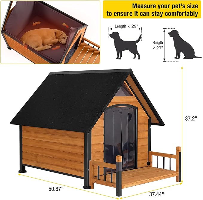 Dog House Outdoor, Insulated Dog Kennel Outside for Large Breed, 50.87" L Weatherproof Large Dog Shelter with Anti-Chewing Iron Frame (Brown, 50.87" D x 37.44" W x 37.2" H)