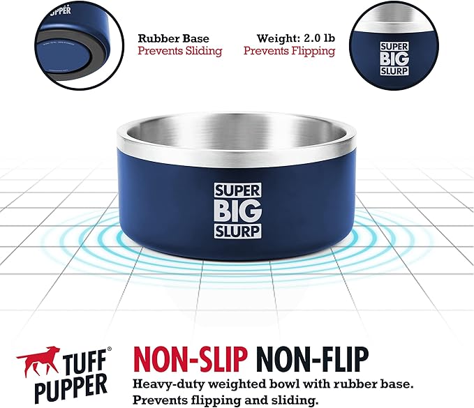 Tuff Pupper Heavy Duty Insulated Dog Bowl | Double Wall Stainless Steel Dog Food Dish | Non-Slip Spill Proof Dishwasher Safe Cat Bowl | Water Dish for Feeding Large Medium Small Pets (66oz, Blue)