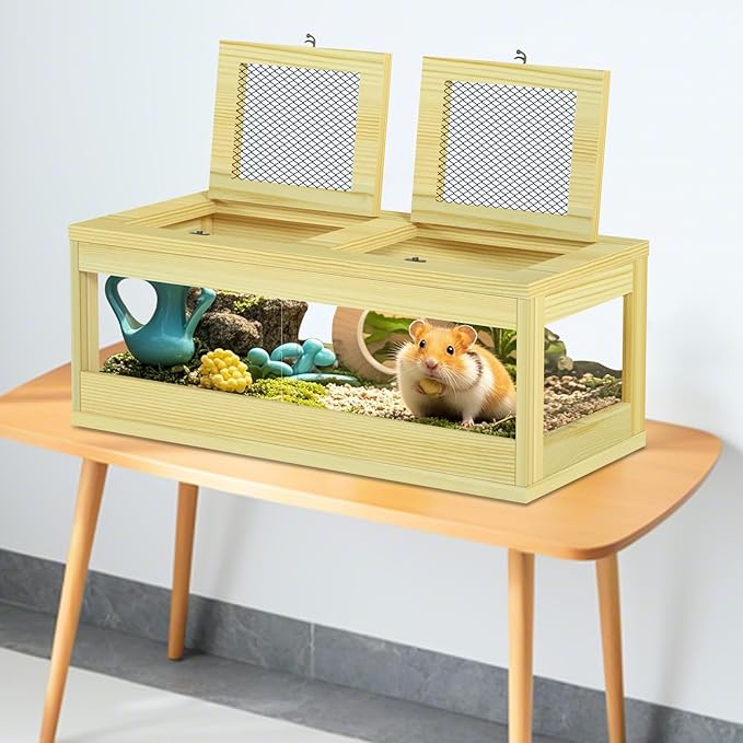 Large Hamster Cage, Solid Wood Gerbil Cage, Chewproof Hamster Cages and Habitats, Sliding Doors, Top Ventilation Window, Guinea Pig Cages for Small Animals, Dwarf, Syrian, Mice, 36" x 18" x 12"