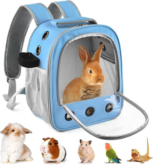 Guinea Pig Carrier Backpack, Portable Rabbit Travel Carring Bag for Pet Bunny Chinchilla Bearded Dragon Hamster Parrot Outgoing Pouch Case with Water Bottle Holder & Detachable Pad (Blue)