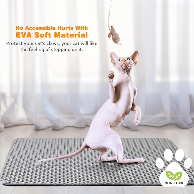 Waterproof Cat Litter Mat, Double Layer EVA, Odor-Free Large Grid, Urine Proof, Easy Cleanup (Gray, 18 x 24)