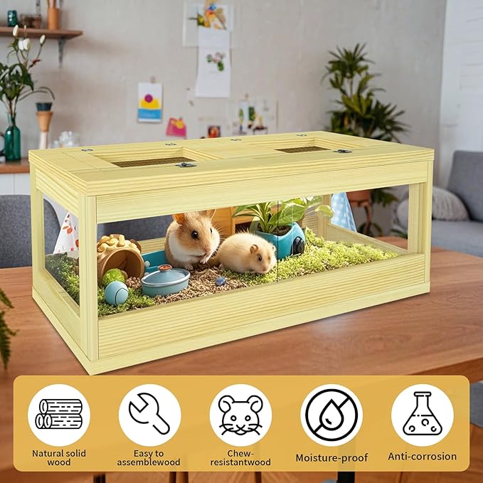 Large Hamster Cage, Solid Wood Gerbil Cage, Chewproof Hamster Cages and Habitats, Sliding Doors, Top Ventilation Window, Guinea Pig Cages for Small Animals, Dwarf, Syrian, Mice, 36" x 18" x 12"