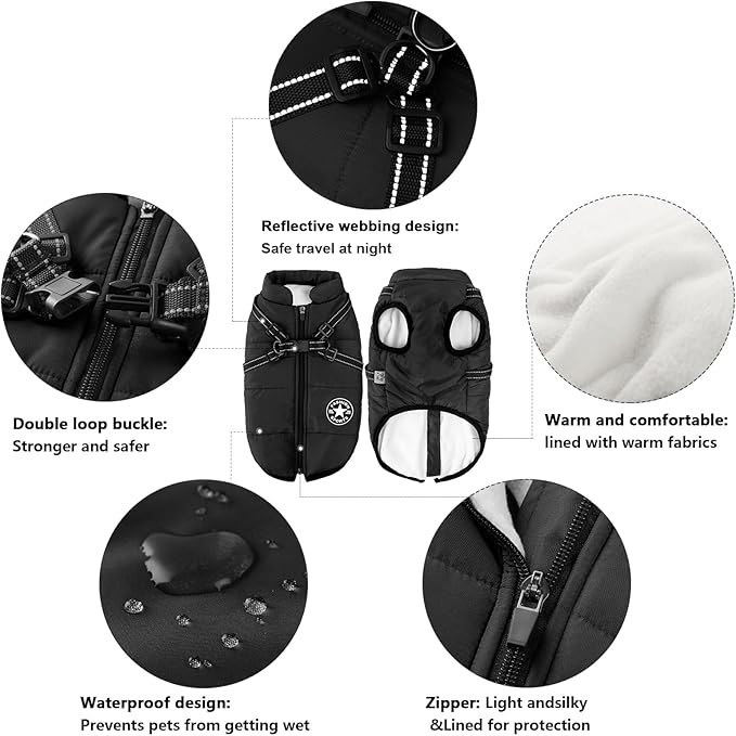 Aiboria Dog Coat for Winter Waterproof Dogs Jackets Windproof Fleece Small Dog Vest Harness Winter Padded Pet Black L