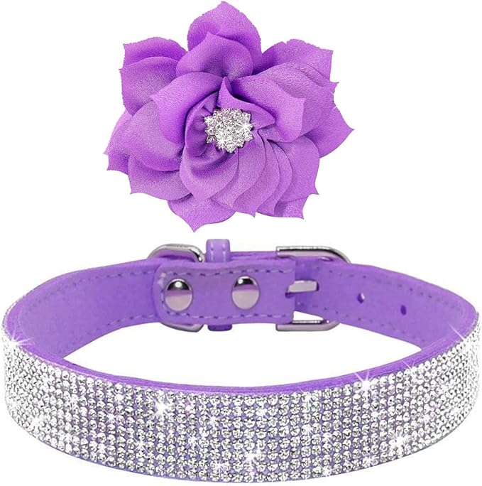 Cute Dog Collar with Bling Rhinestone, Fancy Crystal Diamond Glitter Pretty Jewel Soft Cat Collars for Small Medium Large Breed Dogs Girl Female Pet Puppy Kitten Terrier (L, Purple2)