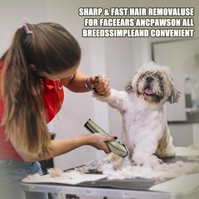 Professional Animal Pet Dog Cat and Horse Cordless Hair Clipper Grooming Kit with 5 in 1 Blade Low Noise & High Power Rechargeable Cordless Pet Grooming Clipper for for Thick Heavy Coats (Brown)