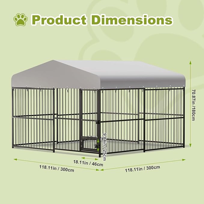 10X10x6FT Large Outdoor Dog Kennel with Swivel Feeder & UV-Resistant Waterproof Roof Covered, Heavy Duty Dog Cage Playpen for Medium and Large Dogs, Easy Assembly