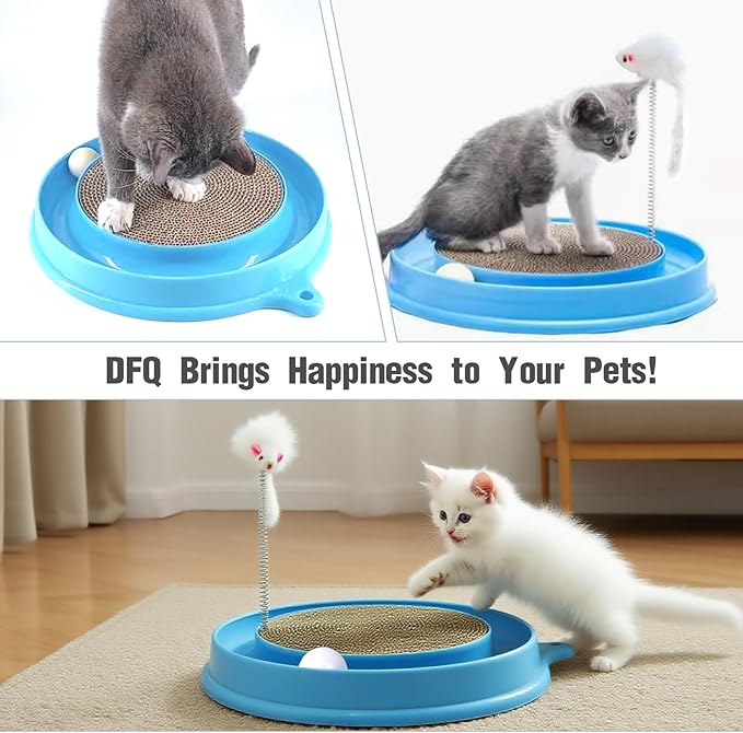 Cat Round Scratcher, 3 in 1 Interactive Kitten Toys, Scratching Pad with Ball Track and Squeaky Mouse, for Bored Indoor Adult Cats Kitty Scratching Puzzle-Blue