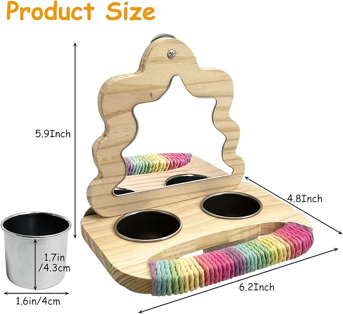 Tfwadmx Bird Parrot Wooden Feeding Cups Small Bird Feeding Dish Cups Stainless Steel Birds Bowls Food Water Bowls with Food Holder for Cockatiel Lovebirds Parakeet Macaw Finches