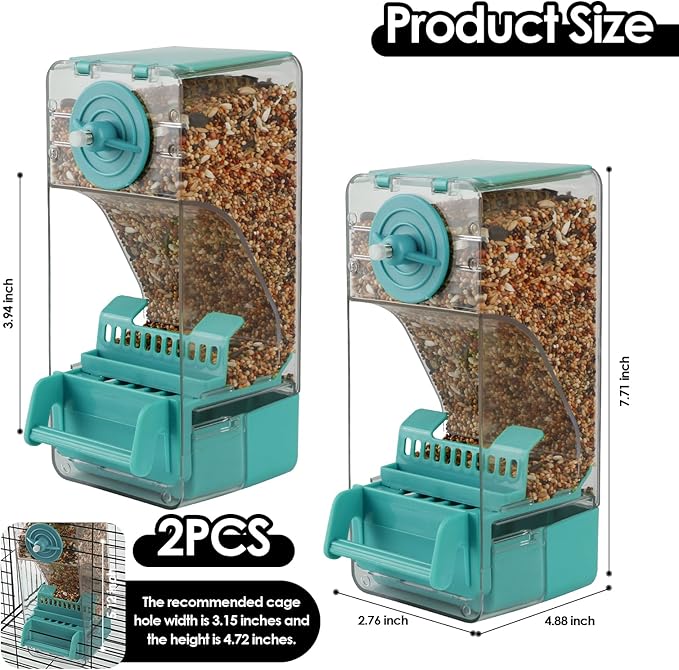 Bird Feeder No Mess 2PCS Automatic Clear Bird Seed Food Container Acrylic Parrot Feeder Dispenser Cage Accessories for Parakeet Budgies Cockatoo Canary Love Bird (Blue)