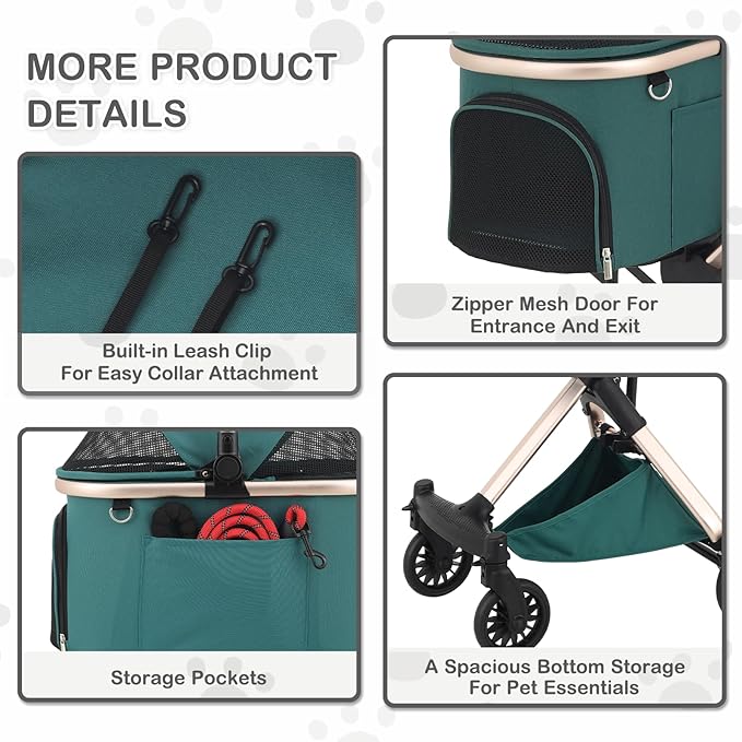 MoNiBloom 3 in 1 Pet Stroller with Adjustable Handle, Jogging Stroller w/Detachable Carrier & Lightweight Aluminum Frame for Dogs Cats, Hunter Green