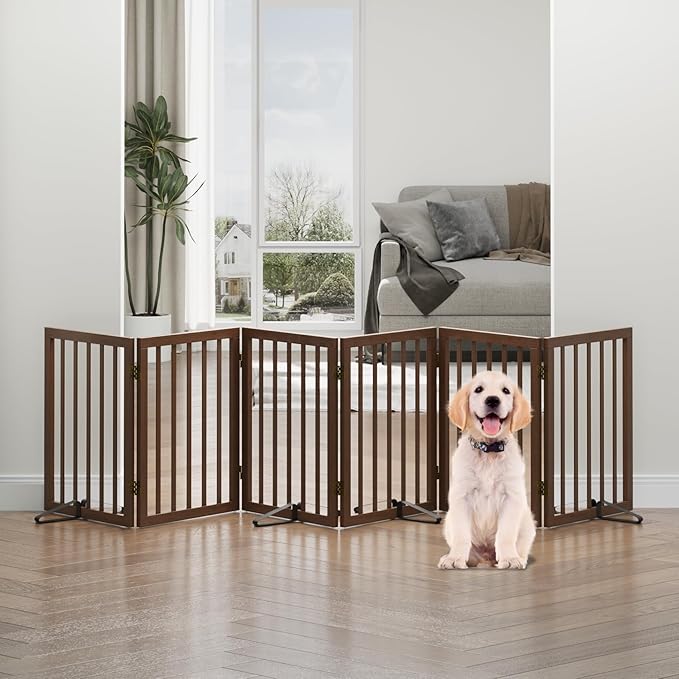 Dog Gates for Doorways, Freestanding Dog Gate Indoor, Foldable Pet Gates for Doorways Bedroom, Puppy Gate with Metal Support Feet, Room Divider 6 Panels (Dark Walnut)