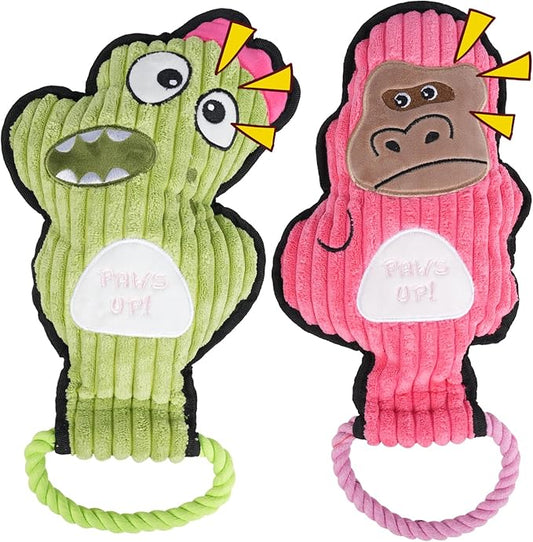 2-Pack Squeaky Dog Toys & Tough Tug of War Set - No Stuffing Chew-Resistant Plush Toys to Keep Them Busy, Best Birthday Gift for Small/Medium/Large Breeds (Dino & Gorilla)