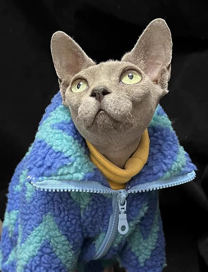 Turtleneck Sphynx Cat Winter Clothes, Double-Sided Fleece Jacket with Zipper, Sweater for Sphynx Cat Winter Warm Outfit Coat for Hairless Cats and Small Dogs Apparel with Sleeves (Lightning, Large)