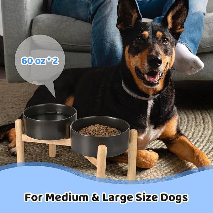 SPUNKYJUNKY Ceramics Elevated Dog Bowls with Wooden Stand Raised Dog Bowl for Medium Large Dog Food and Water Pet Feeding Bowl(Double 60OZ Bowls,Black)