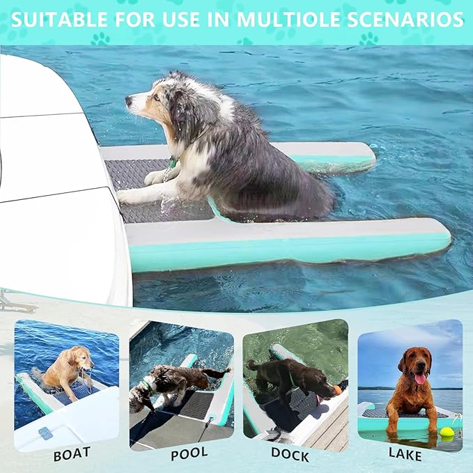 Dog Pool Ramp, Inflatable Dog Boat Ramp, Non-Slip EVA Inflatable Floating Dock Ladder for Pools Boats Docks, Safe & Easy Water Access for Large Dogs, Green