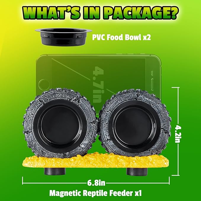 Magnetic Reptile Feeder Ledge, Crested Gecko Feeding Ledge with PVC Food Bowls, Tire-Shaped Reptile Food Dish for Crested Gecko Leopard Gecko Lizard Frog Bearded Dragon