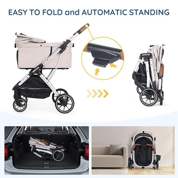 T5 Luxury Pet Stroller for Medium Dog Under 60lbs or 2 Small Dogs & Cats with 180 ̊Canopy, Sun Shades, Auto-Folding Stroller for Multiple Pets(Beige)