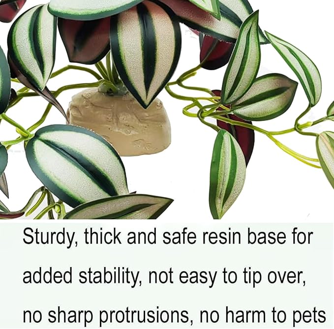 Reptile Plants for Terrarium Decor,Amphibian Habitat Decor, Bearded Dragon Tank Accessories,Artificial Plants for Gecko Chameleon Snake Tortoise with Base (Zebrina)