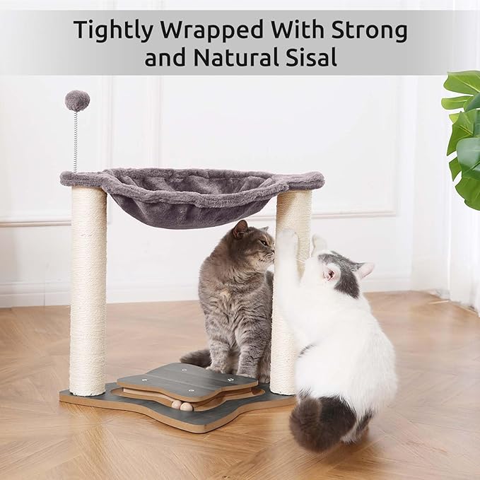 Simple Deluxe Small Cat Tree Tower with Scratching Post, 4-in -1Cat Tree with Hammock,Dangling Ball,Natural Sisal Cat Scratcher,Wooden Interactive Track Ball Base for Indoor Kittens,18inches