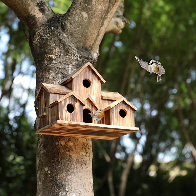 Handmade Hummingbird House - Large Bird House for Garden/Courtyard/Backyard Decor - Room for 6 Bird Families