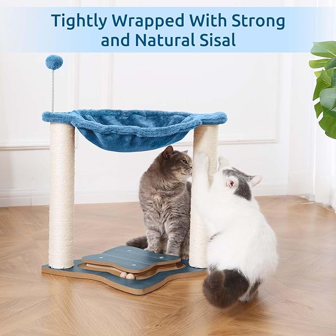 Simple Deluxe Small Cat Tree Tower with Scratching Post, 4-in -1Cat Tree with Hammock,Dangling Ball,Natural Sisal Cat Scratcher,Wooden Interactive Track Ball Base for Indoor Kittens,18inches