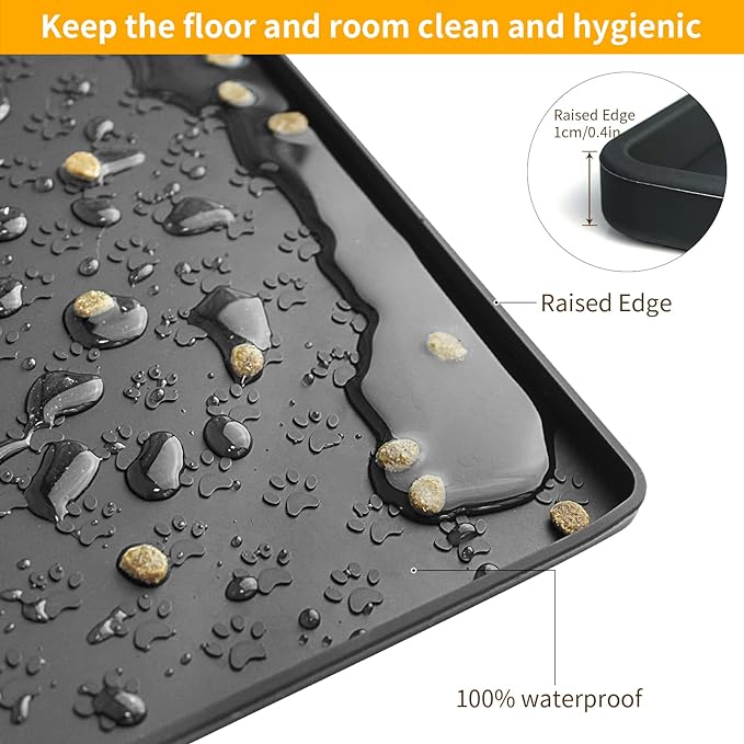 Ptlom Silicone Pet Placemat for Dog and Cat, Waterproof Anti-Slip Pet Feeding Bowl Mats for Food and Water, Small Medium Large Tray Mat Prevent Residues from Spilling to Floor, Black, 31.5" 23.6"