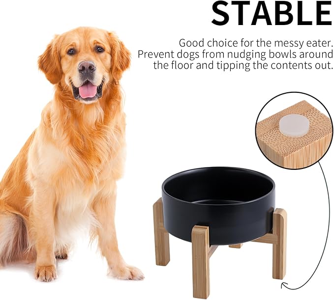 Black Elevated/Raised Dog Bowl Ceramic for Medium Large Sized Breed,Dog Food Water Bowl with Stand,8 in 7.6 Cups Non Slip Heavy Weighted Dog Dish