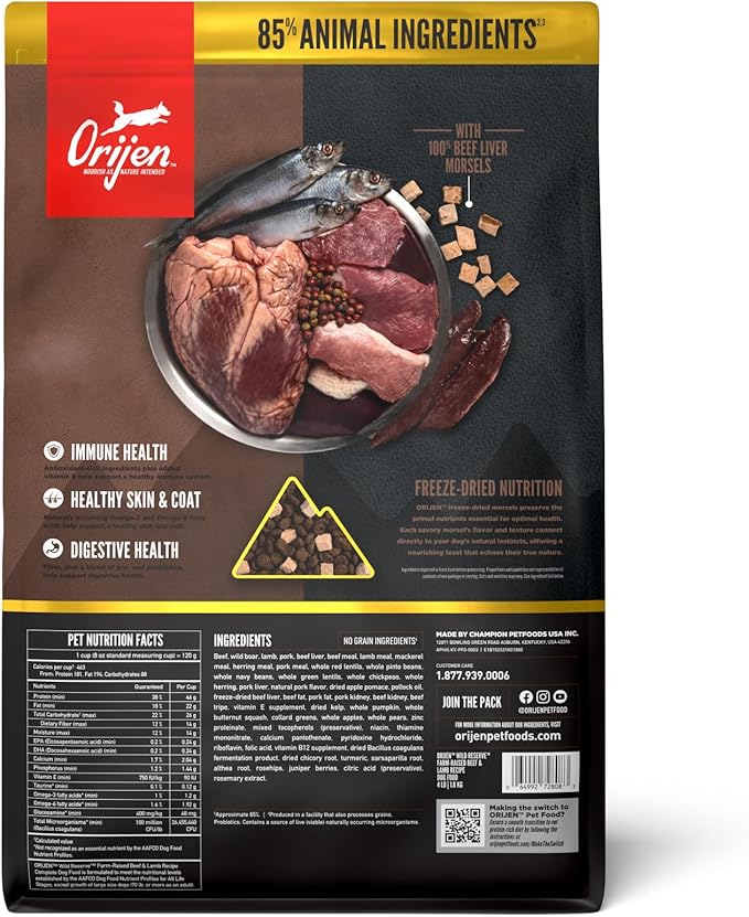 ORIJEN Wild Reserve Dry Dog Food Farm-Raised Beef & Lamb Recipe 4lb Bag