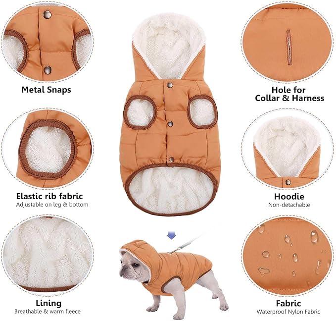 Windproof Waterproof Dog Coat Fleece & Cotton Lined Warm Jacket, Cold Weather Pet Apparel Clothes Vest for Small to XXL Dogs, Khaki