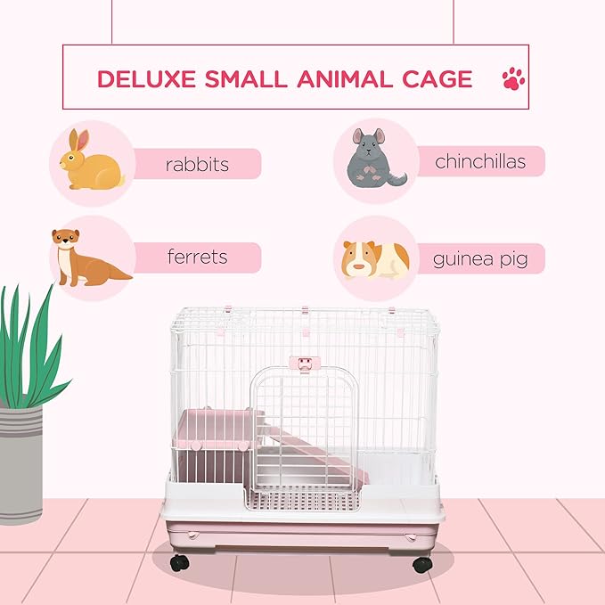 PawHut 2-Level Small Animal Cage Rabbit Hutch with Wheels, Removable Tray, Platform and Ramp for Bunny, Chinchillas, Ferret, Pink