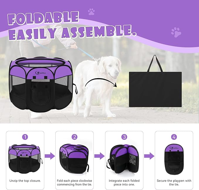 Dog Playpen, Puppy Pet Playpen, Medium Dogs Tent Crates Cage Indoor/Outdoor, Portable Pop Up Dog Kennel Playpen with Carrying Case for Dogs/Cats/Rabbits, Removable Zipper Top, Purple