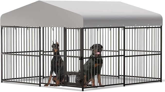 10X10x6FT Large Outdoor Dog Kennel with Swivel Feeder & UV-Resistant Waterproof Roof Covered, Heavy Duty Dog Cage Playpen for Medium and Large Dogs, Easy Assembly