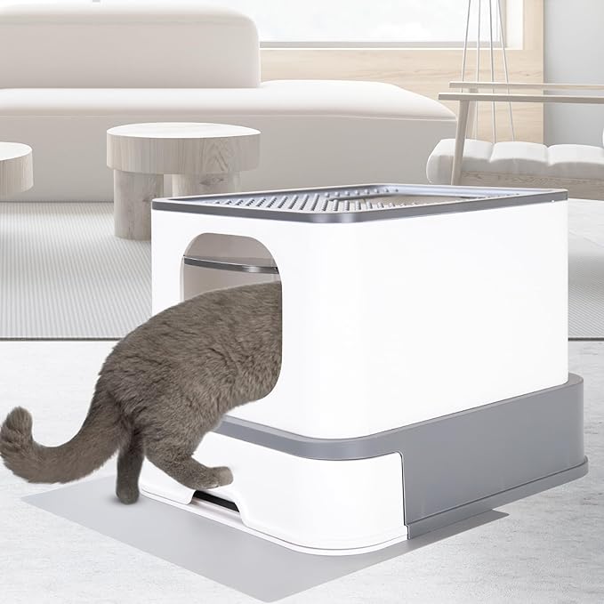 RIZZARI Cat Litter Box Stainless Steel Top-Entry : Leak-Proof Enclosed Design Reduces Odor, for Indoor Cats & Owners (Dark Gray)