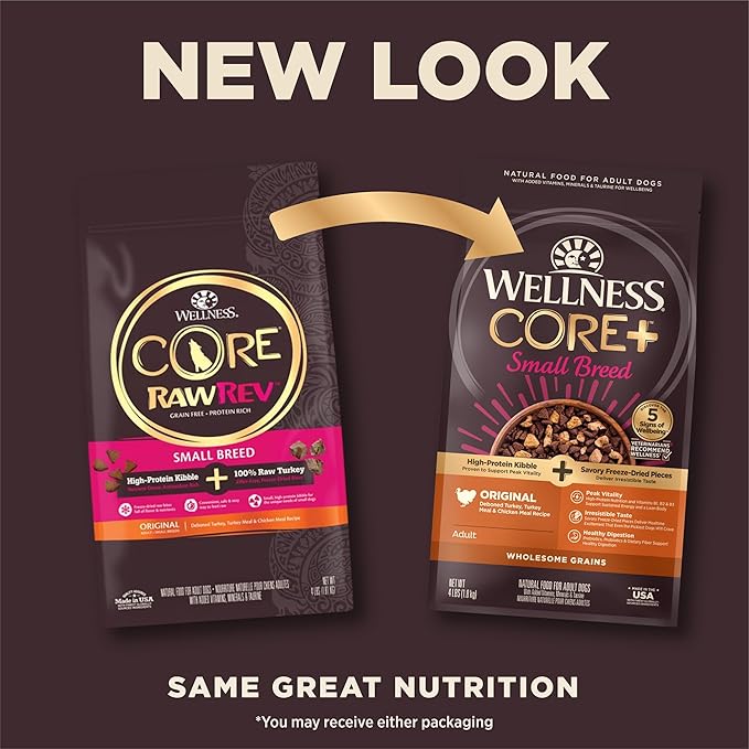 Wellness CORE+ (Formerly RawRev) Grained Dry Dog Food, Small Breed Original Turkey & Chicken with Freeze Dried Turkey Recipe, 4 Pound Bag