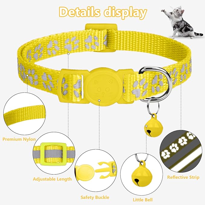 Taglory Reflective Cat Collar Breakaway with Bells, 2 Pack Girl Boy Pet Cat Collar Adjustable 7.5-12.5 Inch, Yellow