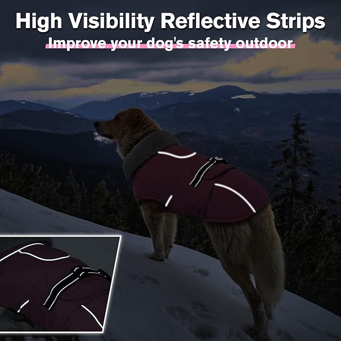 Lelepet Warm Dog Coat Reflective Fleece Vest Waterproof Dog Jacket with Adjustable Buckle Hook & Loop Windproof Cold Weather Coats for Small Medium Large Dogs, Pink, XL