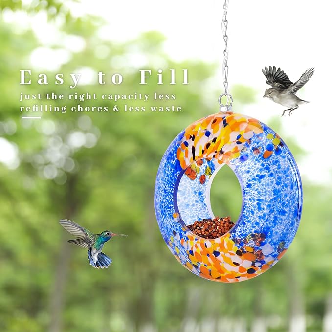 VCUTEKA Bird Feeder Solar Fly Through Bird Feeders for Outside Hanging with Round Shape Glass Container to Attract Wild Birds for Garden Decor, Solar Birdfeeder as Gift for Lovers, Multi 8-Inch