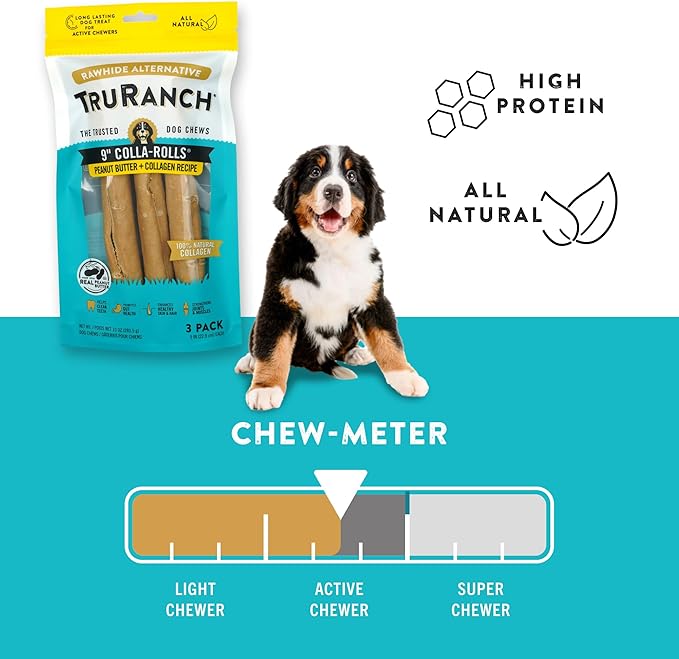 Collagen Rolls - 9" Collagen Rolls for Dogs - Long Lasting Healthy Joint Support - Rawhide Alternative - Skin & Coat Health - Made with Real Peanut Butter, Value Pack, 15 Bags, 45 Count