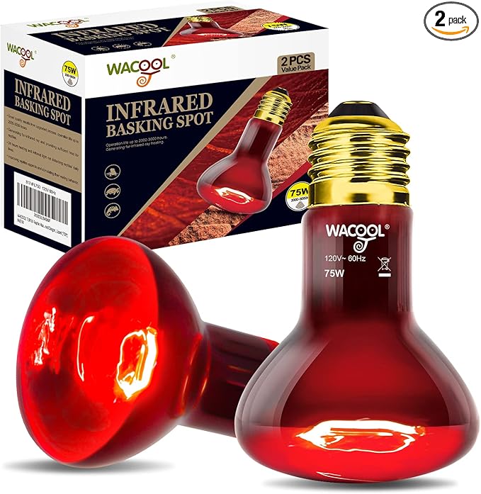 WACOOL 2 Pack Reptile Heat Lamp Bulbs,75W Infrared Basking Spot Light for Reptiles & Amphibians, Red Heat Lamp Bulb for Bearded Dragon Gecko Turtle Lizard