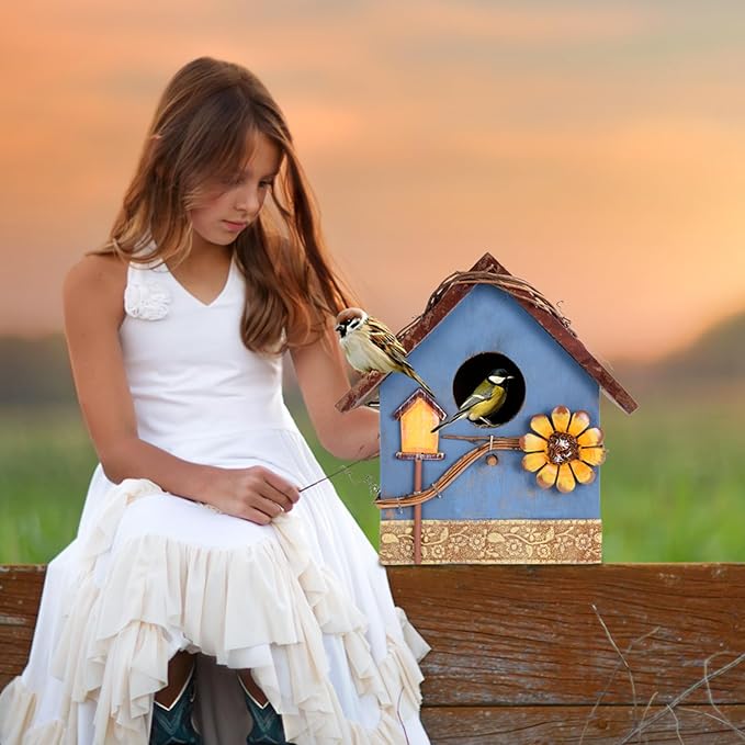 DEWEL Bird Houses for Outside Clearance, Hanging Birdhouses for Outdoors, Garden Wooden Blue Bird Houses for Outdoors, Bird Nesting Box for Bluebird Finch Swallow Wren Chickadee, Gift for Bird Lovers