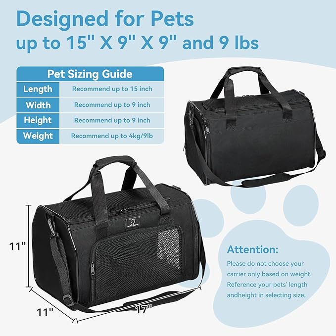 A4Pet Pet Carrier Airline Approved, Soft-Sided Carrier for Small Cats and Puppy, 17x11x11 Inches