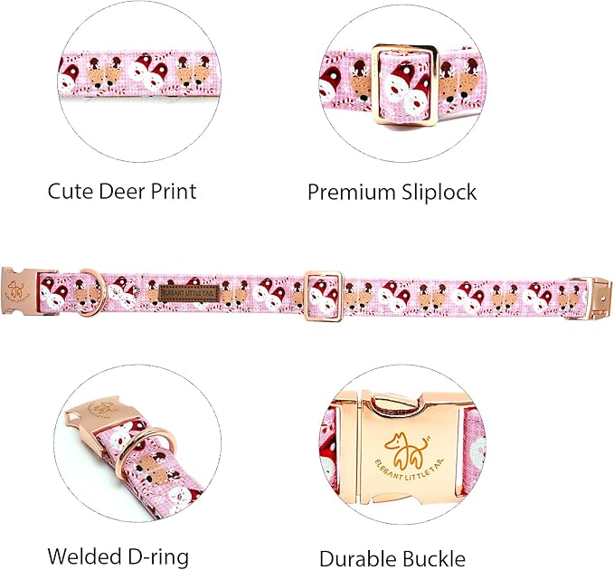 Elegant little tail Christmas Dog Collar, Pink Deer Print Pet Collar Dog Durable Cute Dog Collars Winter Holiday Male or Female Pet Gift Adjustable Dog Collar for X-Large Dogs