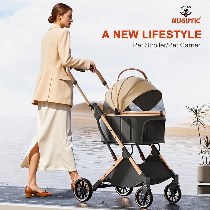 Dog Stroller with 4 Wheels, Folding Pet Stroller for Small, Medium Dogs and Cats up to 50lbs, Detachable Carrier, Storage Basket, Car Seat 3 in 1 Multifunctional (Brown)