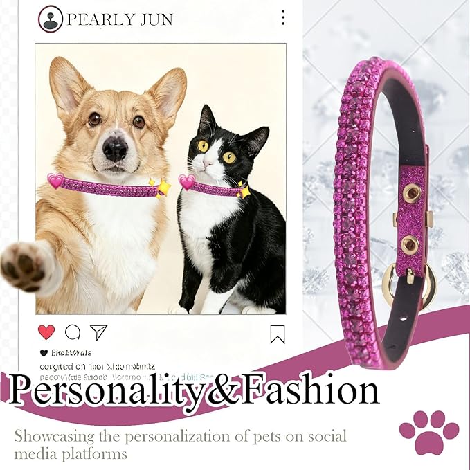 PEARLY JUN Rhinestone Dog Collars for Small Dogs Cat, S Fuchshia Bling Diamond Cat Collar Cute Luxury Crystal Pet Puppy