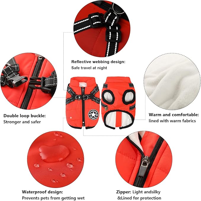 Aiboria Dog Jacket Coat Windproof Jackets Warm Pet Vest Fleece Dog Sweater Padded Vest with Chest Strap Harness Red 3XL